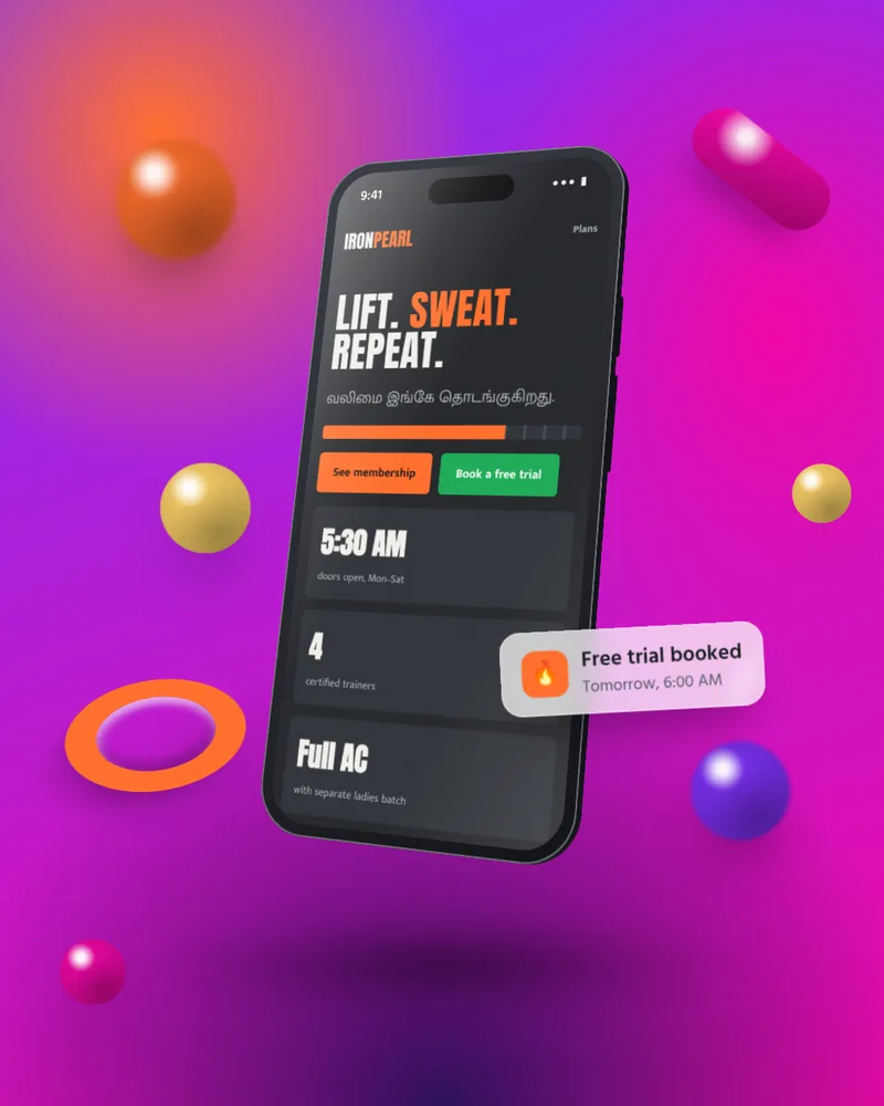 Ironpearl Fitness sample website shown on a phone