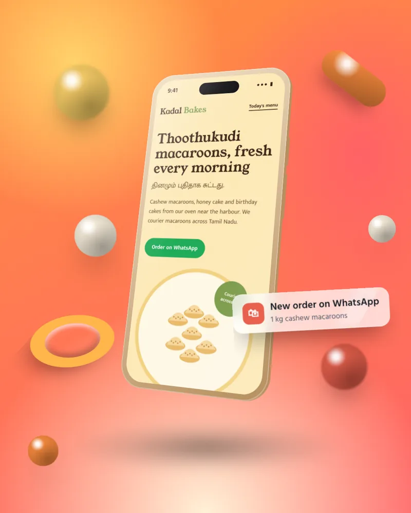 Kadal Bakes sample website shown on a phone