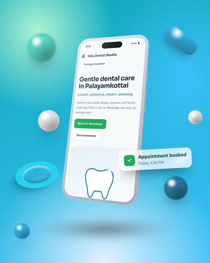 Nila Dental Studio sample website shown on a phone